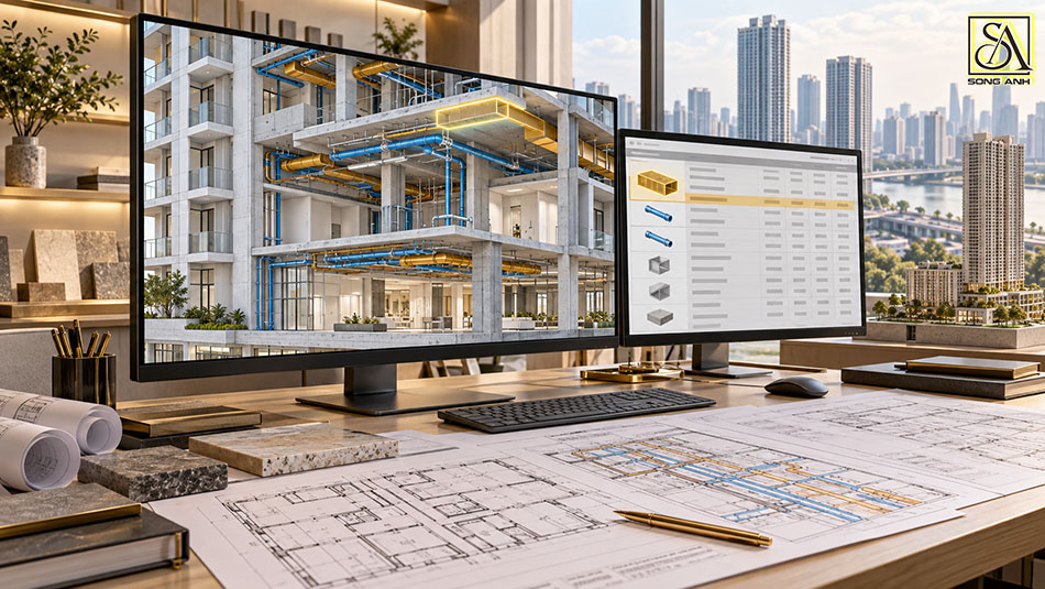 Minh họa đối soát khối lượng với mô hình phối hợp kiến trúc, kết cấu và MEP
